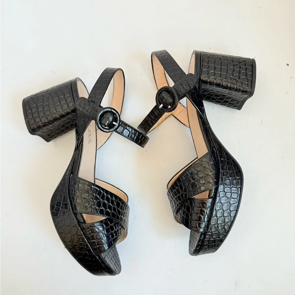 Prada Black Embossed Croc effect leather Quarter strap platform sandals EU 38 - Picture 4 of 9